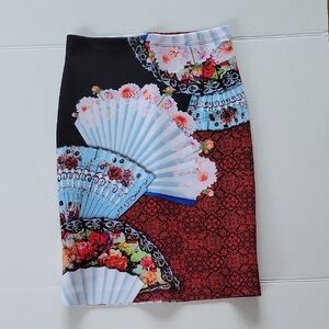 Clover Canyon Floral Neoprene Scuba Pencil Skirt Bold Vibrant Fan Print Small